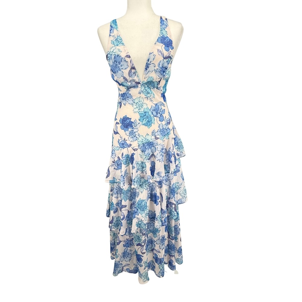 Selfie Leslie Floral Maxi Dress Womens XS Blue New Tiered Ruffle Lace Up Back
